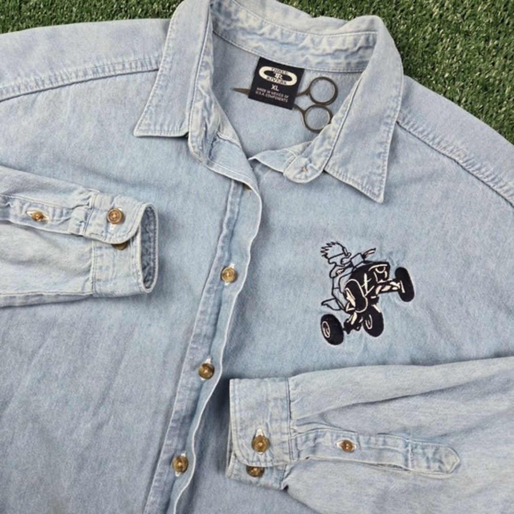 Vintage Y2K Three‎ Rivers Mens XL Denim Button Down Shirt ATV Quad Embroidery